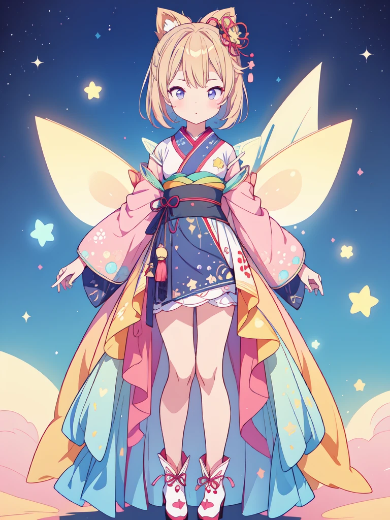 1girl、vtuber-fullbody、Star Fairy、masterpiece、official art、Super detailed、super beautiful、かわいいStar Fairy、white straight short hair、Milky Way、universe、star charm、Star、、Knee-high boots、Japanese pattern dress、A remake of a black and navy yukata、universeを思わせるOiranフリルドレス、Oiran