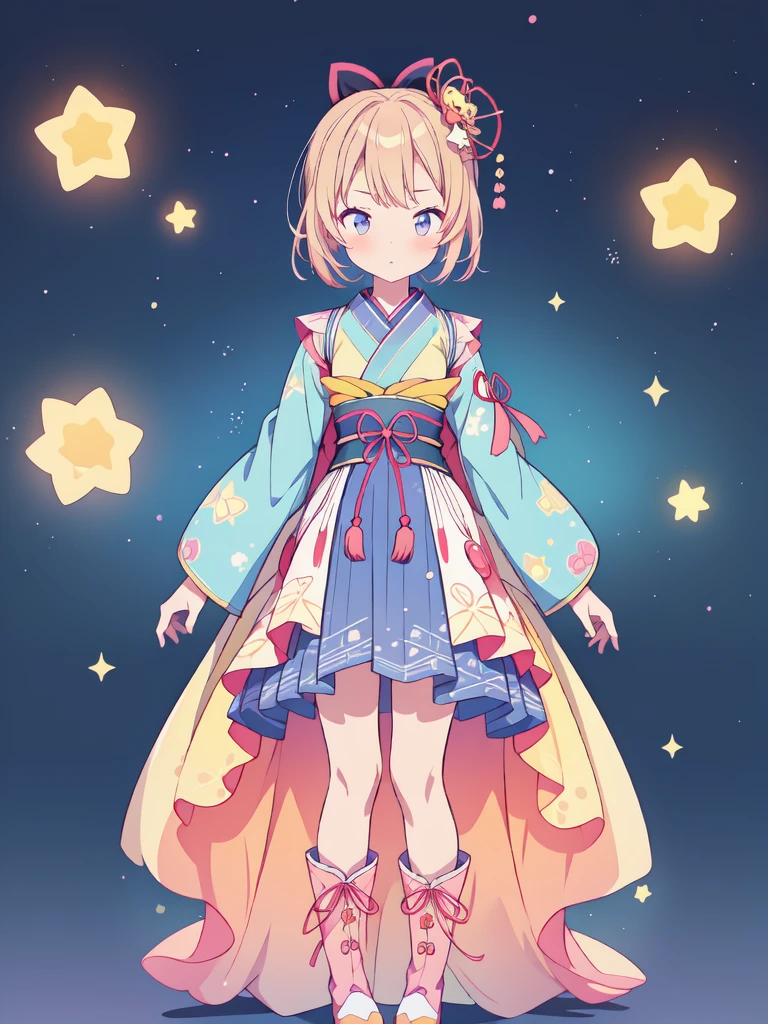 1girl、vtuber-fullbody、Star Fairy、masterpiece、official art、Super detailed、super beautiful、かわいいStar Fairy、white straight short hair、Milky Way、universe、star charm、Star、baby face、Knee-high boots、Japanese pattern dress、A remake of a black and navy yukata、universeを思わせるOiranフリルドレス、Oiran