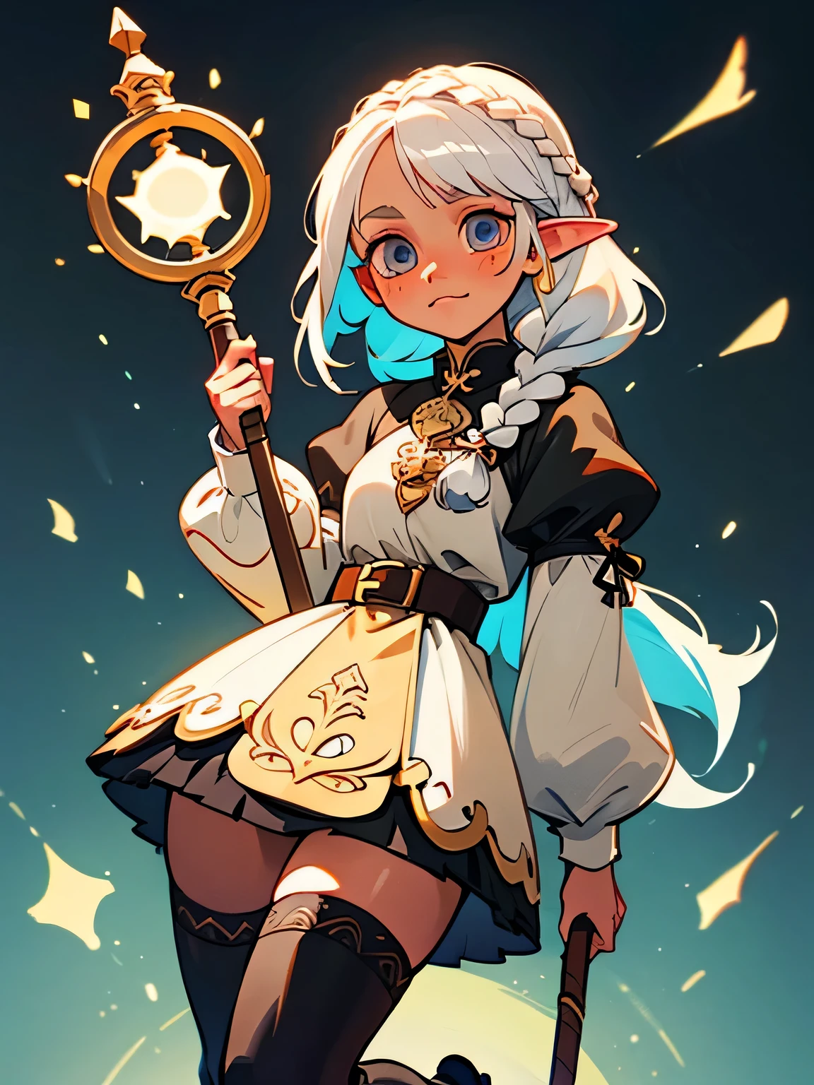 1GIRL, cute girl, finely detailed, (best quality), (intricate details), cute style, healer style, elf girl, dungeons and dragons style, multicolored, ((long white hair in braid)), ((tan skin)), best quality, ((gold and black puffy long sleeve dress)), ((thigh high socks)), ((black socks)), ((round eyes)), beautiful face, happy eyes, cute face, pinup, perfect face, simple background portrait, magic circle, magic staff
