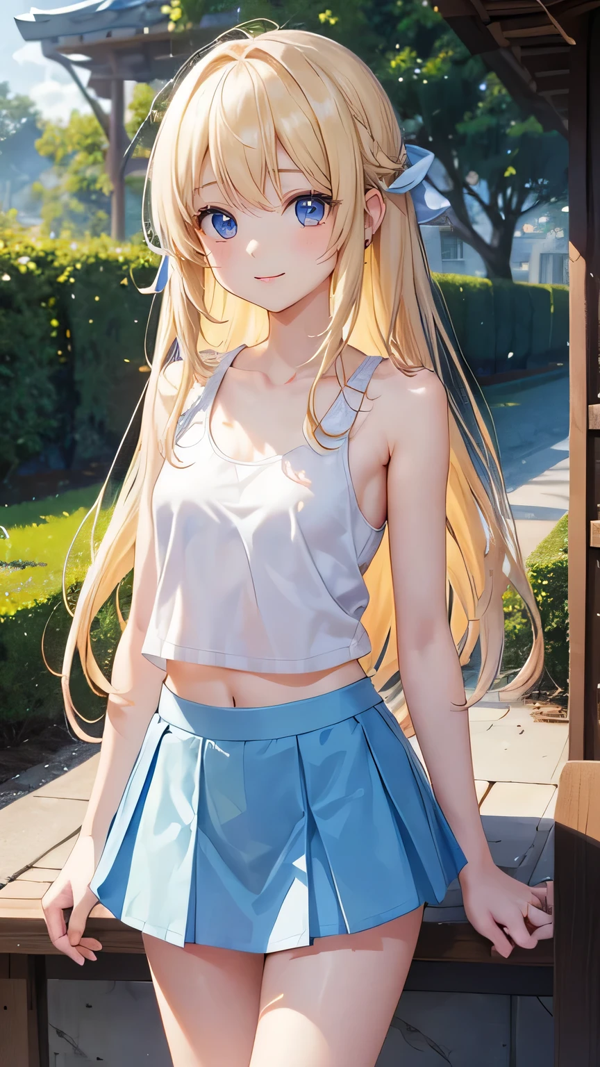 very cute girl、(14 years old)、light yellow hair、Long Straight Hair、Bangs are too close to the eye、Light Blue Eye、(Normal human ear)、thin arms、Beautiful body、slim legs、well-shaped chest、clear white skin、smile、(Open-chested tank top、mini skirt、White and blue)、I know the shape of the nipples、(rose garden)、Super high quality、digital single lens reflex、