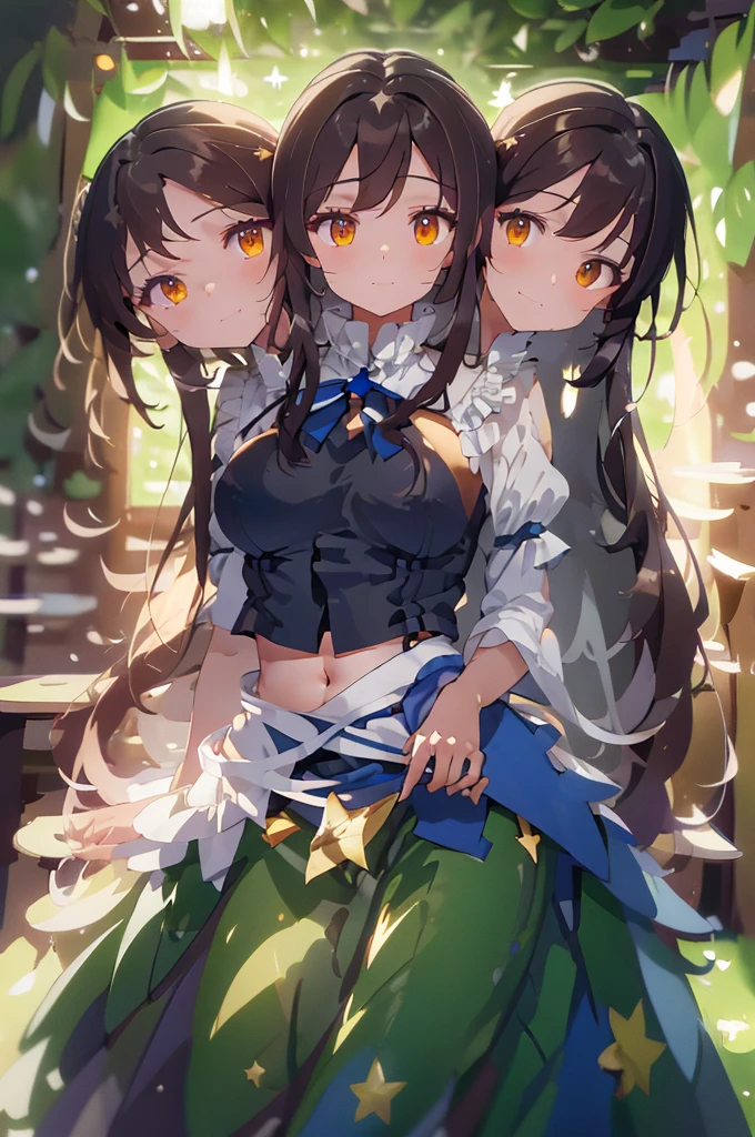 (masterpiece, best quality), best quality, (ultra-detailed), (3heads:1.5), 1girl, (star sapphire:1.3), masterpiece, best quality, ultra quality, ultra resolution, ultra detail, white top, crop top, ((stomach)), midriff, ((groin)), open midriff, white and blue skirt, miniskirt, normal ears, shackles, dark brown hair, very long hair, wavy hair, sidelocks, yellow eyes, detailed eyes, parted lips, fairy wings, sweat, cute, open belly, toned belly, hand on own chest, eyelashes, (24 year old woman:1.3), (masterpiece:1.5), (best quality:1.5), (beautiful detailed), extremely detailed CG, extremely delicate and beautiful, depth of field, (finely detailed face), (perfect details:1.2), (mature female:1.3), wide pelvis, slender, large veiny breast, 16k resolution, highres, high quality, high definition, extremely detailed, masterpiece, dark brown hair, long hair, alluring presence, braid, short skirt, miniskirt, close up, big , young, blue ribbon attached to the hair, butterfly-shaped wings, open belly, midriff, nsfw, bare stomach,
