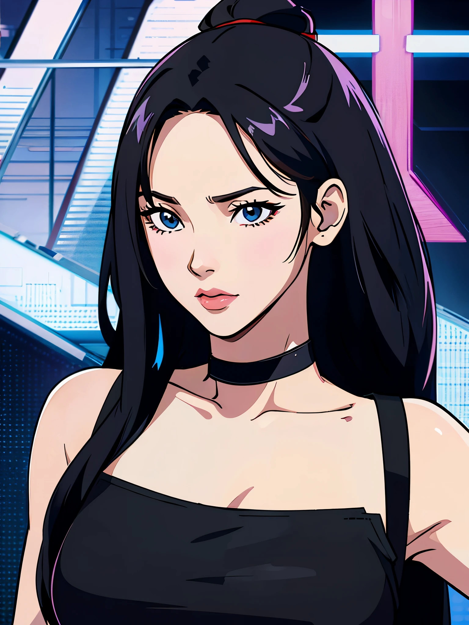 digital art drawing, illustration of (karina from k-pop group aespa, girl, long black hair middle part, brown eyes, wearing a black choker on her neck, white tank top, baggy black cargo pants, cyberpunk 2077), anime drawing/art, bold linework, illustration, digital art, masterpiece, flat illustration, no shadows, 8k resolution, high detail, vector art, only anime, perfect eyes, perfect hands, sharpness, high clarity, medium close up, high fidelity
