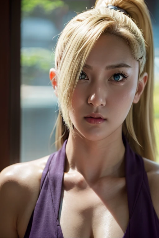 Real life adaption of this character,Asian teen beauty , realistic same hair, realistic outfit, realistic light, realistic shadow, hyper realistic, realism, realistic background,(photorealistic:1.2). Ino / Ino Yamanaka (Ino Yamanaka) / [Boruto: Naruto Next Generation, 1girl, blonde hair, hair ornament, bare shoulders, closed mouth, green eyes, ponytail, hairclip, hair over one eye, full body, best quality ,ultra Higd ,detail realistic ,sceneHDR pro