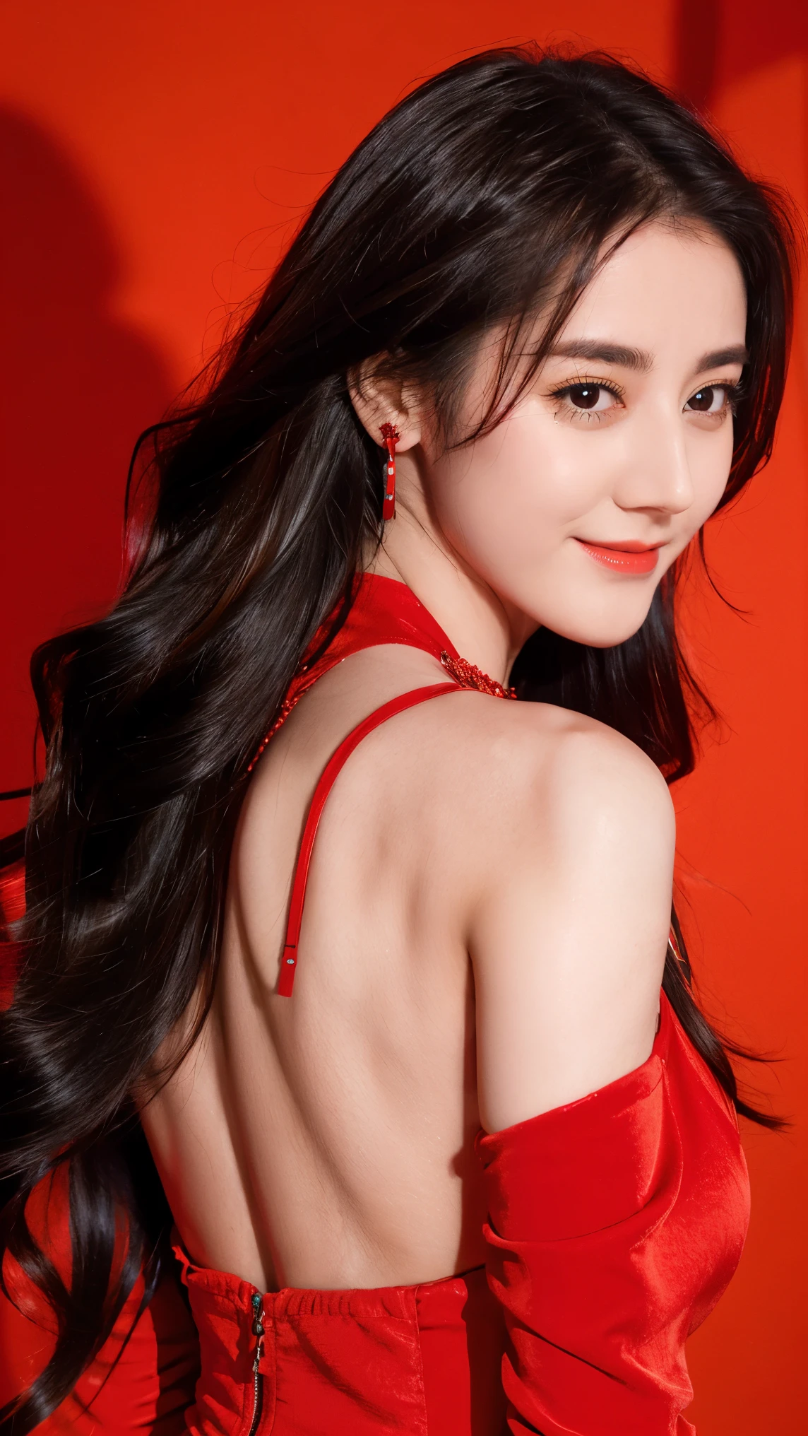 Ultra HD resolution,artistic photos,Photography,21yo girl,earrings,long hair,Red background,Black backless dress,necklace,cowboy shot,G cup,smile