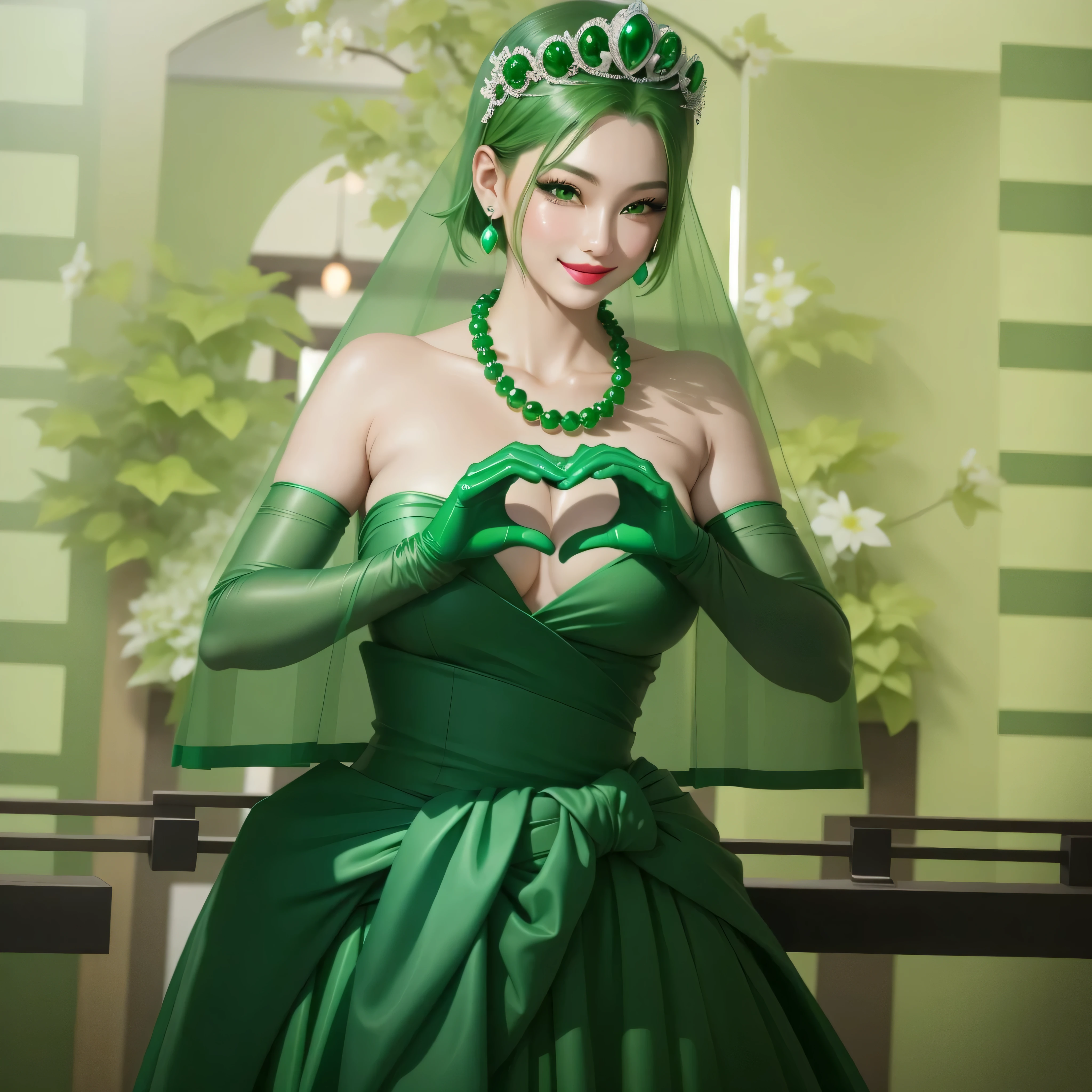 emerald tiara, green pearl necklace, boyish very short green hair, Green Lips, smiling Japanese woman, very short hair, Beautiful woman with big breasts, green eyes, Green satin long gloves, green eyes, emerald earrings, green veil, Heart with both hands, green hair, beautiful japanese woman, Heart shaped hands:1.3, green lip gloss