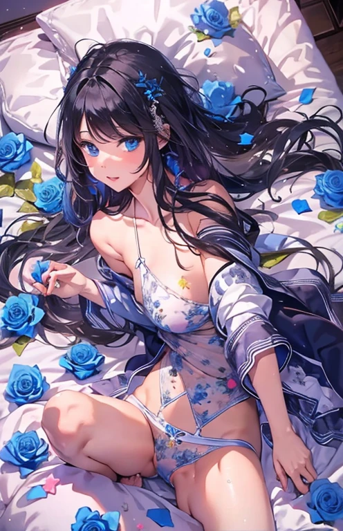((highest quality)), ((masterpiece)), (get used to it), perfect face , Adult beautiful girl , beautiful long black hair , beautiful blue eyes , In underwear , medium breasts , Blue roses scattered , lying on the bed ,
