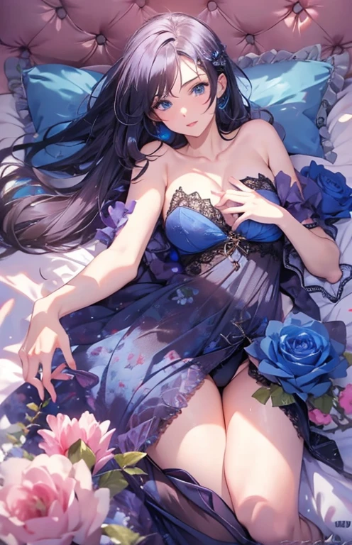 ((highest quality)), ((masterpiece)), (get used to it), perfect face , Adult beautiful girl , beautiful long black hair , beautiful blue eyes , In underwear , medium breasts , Blue roses scattered , lying on the bed ,