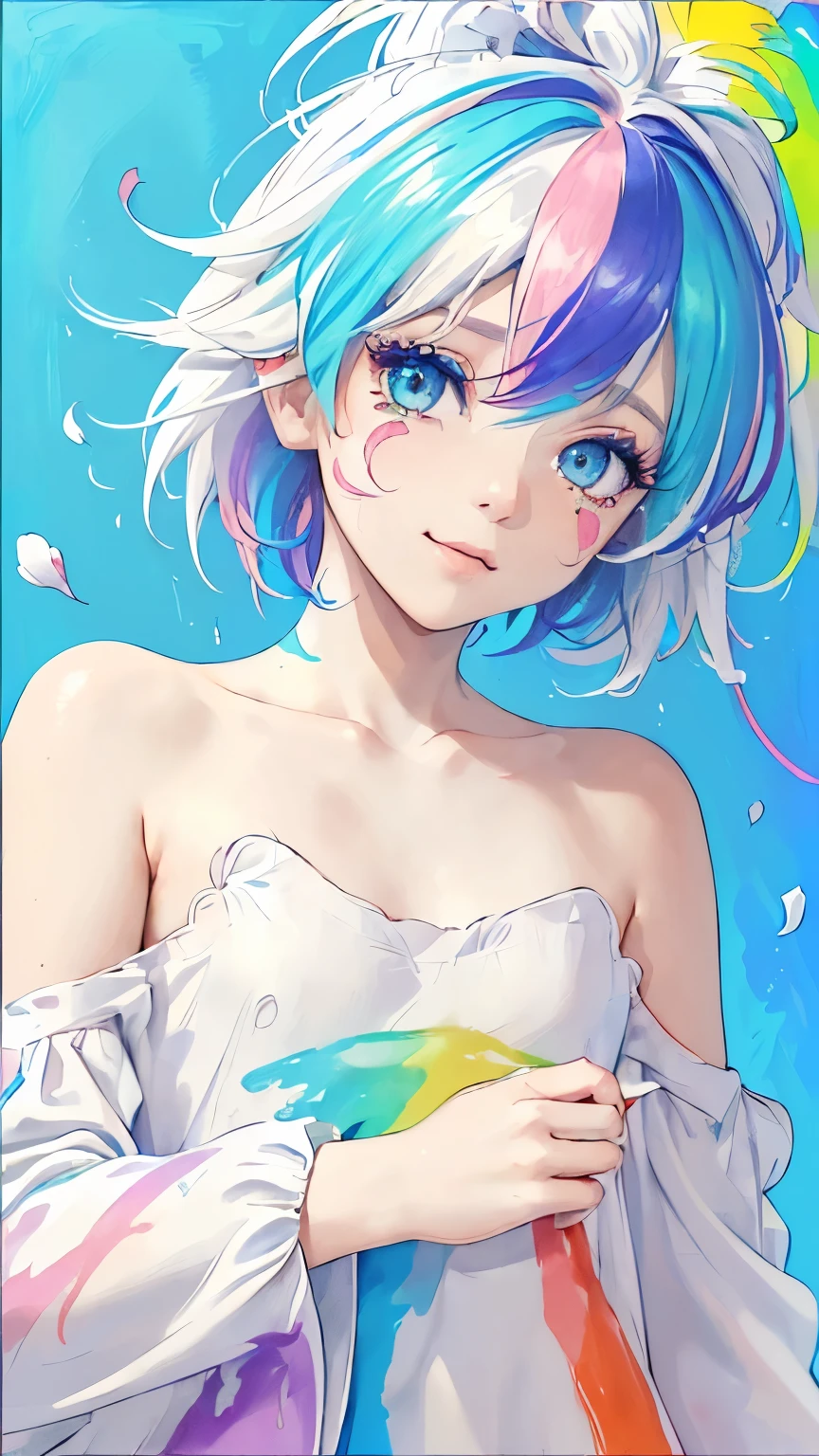 (Pink Fashion T-shirt:1.9),(Colorful hair: 1.8), (all the colours of the rainbow: 1.8),(((((vertical painting:1.6))), (painting:1.6),front, comics, illustrations, paintings, large eyes, crystal clear eyes,( rainbow color gradient high short hair :1.7), exquisite makeup, closed mouth,(Small Fresh: 1.5),(Wipe Chest: 1.6) ,long eyelashes, white off shoulder T-shirt, blue Shoulder Shirt,looking at the audience, large watery eyes, (rainbow colored hair:1.6), color splash, (solo:1.8), color splash, color explosion, thick paint style, messy lines, ((shining)),(colorful), (colorful), (colorful), colorful, Thick Paint Style, (Splash) (Color Splash), Vertical Painting, Upper Body, Paint Splash, Acrylic Pigment, Gradient, Paint, Highest Image Quality, Highest Quality, Masterpiece, Solo, Depth of Field, Face Paint, colorful clothes, (Elegant: 1.2), gorgeous,long hair, wind, (Elegant: 1.3), (Petals: 1.4),(((masterpiece))),(((best quality))),((ultra-detailed)),(illustration),(dynamic angle),((floating)),(paint),((disheveled hair)),(solo),(1girl) , (((detailed anima face))),((beautiful detailed face)),collar,bare shoulders,white hair, ((colorful hair)),((streaked hair)),beautiful detailed eyes,(Gradient color eyes),(((colorful eyes))),(((colorful background))),(((high saturation))),(((surrounded by colorful splashes))),