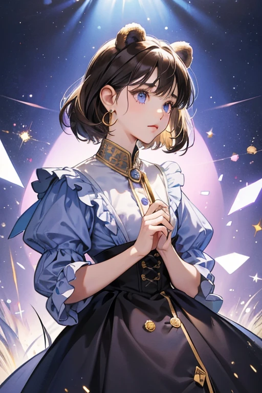 Pat is a female bear. Her eyes are small black dots、The nose is dark brown。. She is wearing a lavender dress with a light blue collar and one light blue button.。. she also、small, round gold earrings. shine; Sparkling