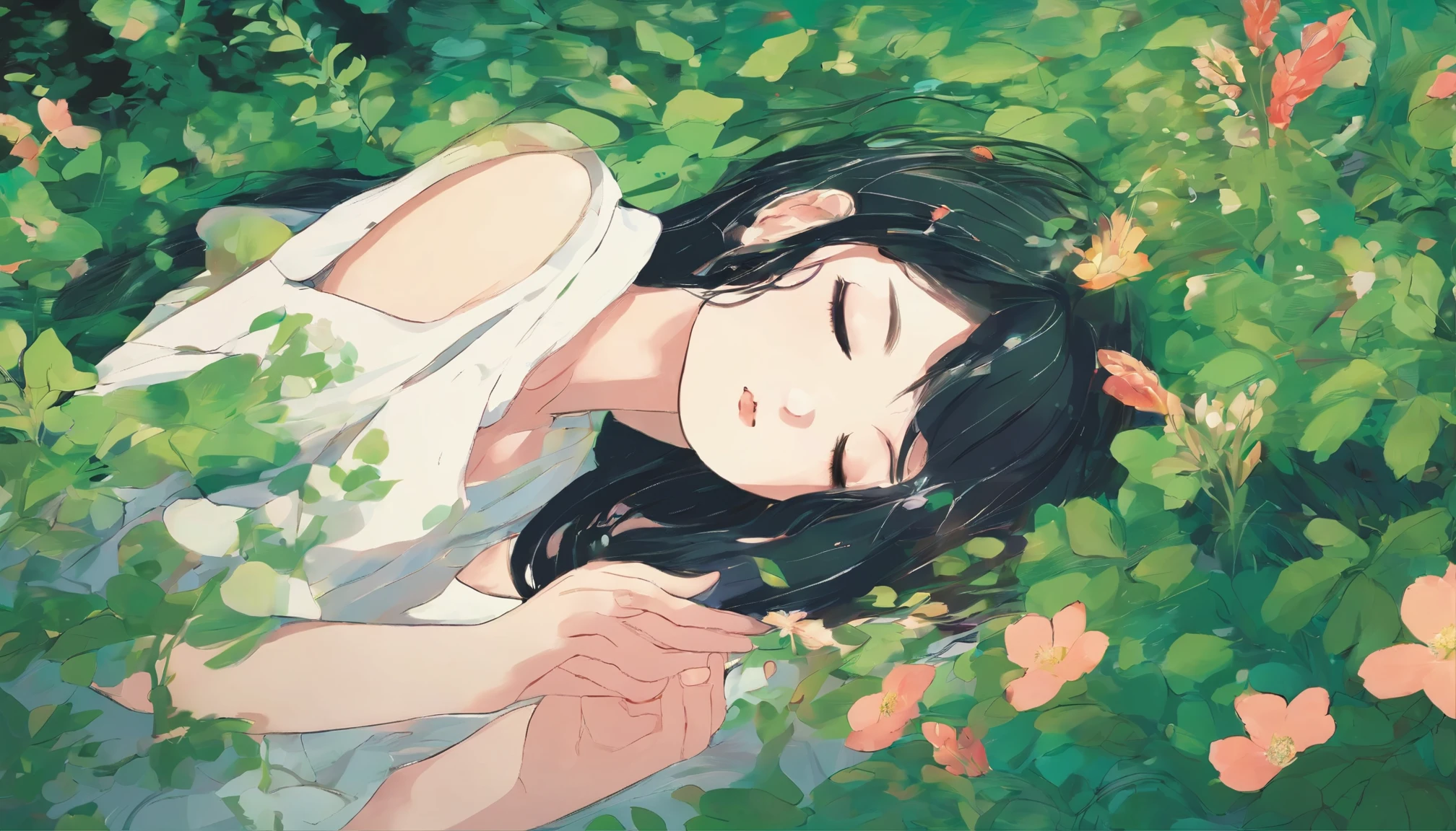 Girl sleeping in a field of green plants and flowers (masterpiece、highest quality)、Eyes open and looking up、black long hair、warm lighting、dress、blurred foreground、