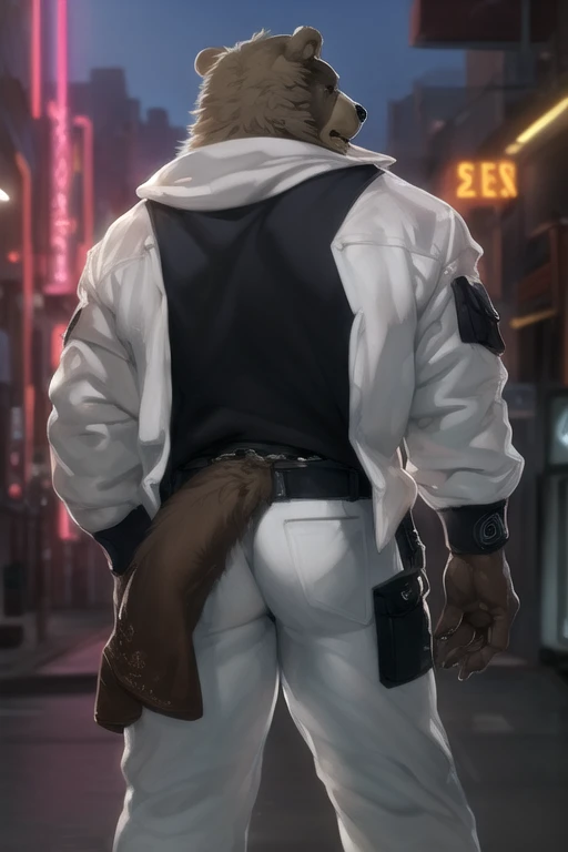(by tojo the thief, by Darkgem, by Oouna, by honovy, By TheBigSlick, By phinnherz), bear, ursid, ben (zenless zone zero), explicit, anthro, male, solo, clothed, white jacket, topwear, bottomwear, streetwear, tokyo, street, neon lights, akihabara, chain, rear view, massive cum filled butt
