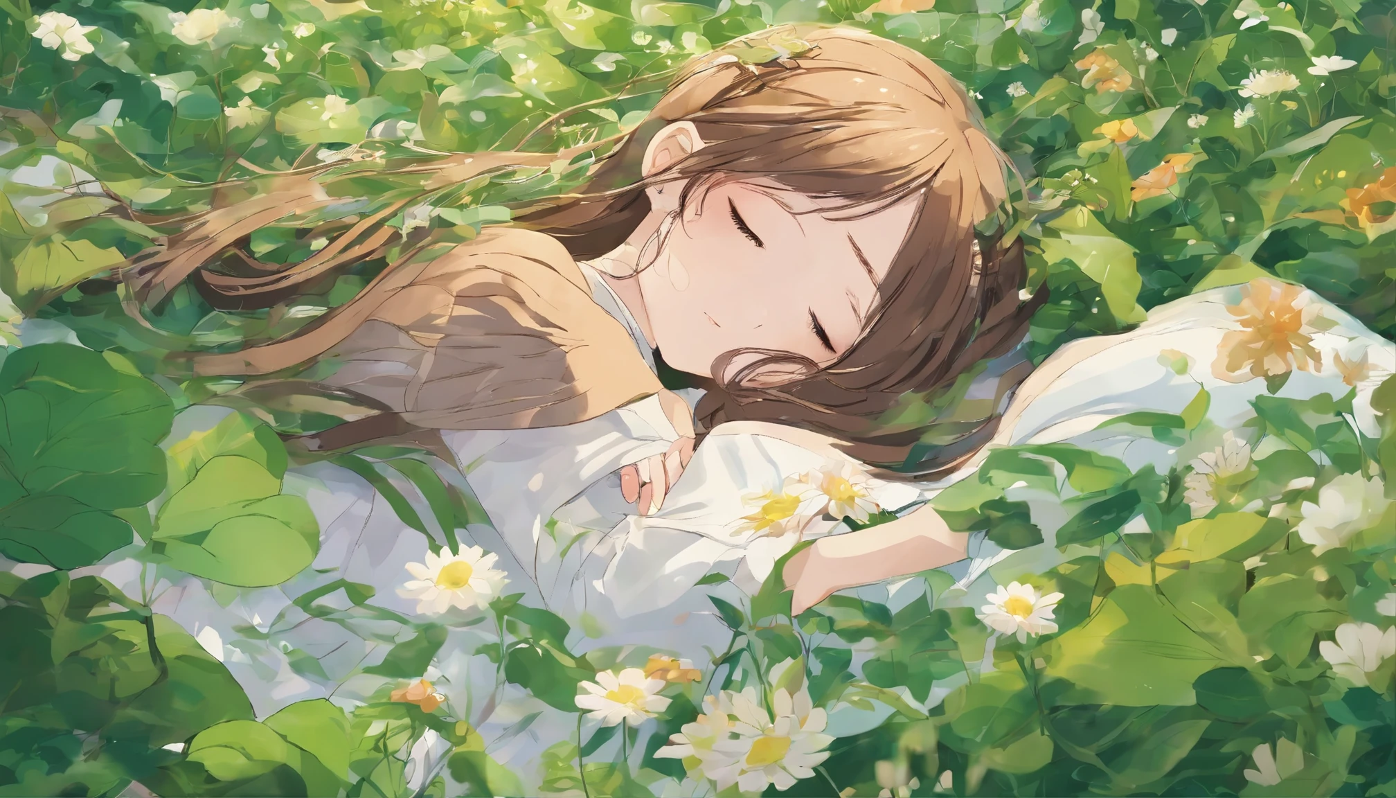 Girl sleeping in a field of green plants and flowers (masterpiece、highest quality)、Eyes open and looking up、Brown long hair、warm lighting、dress、blurred foreground、