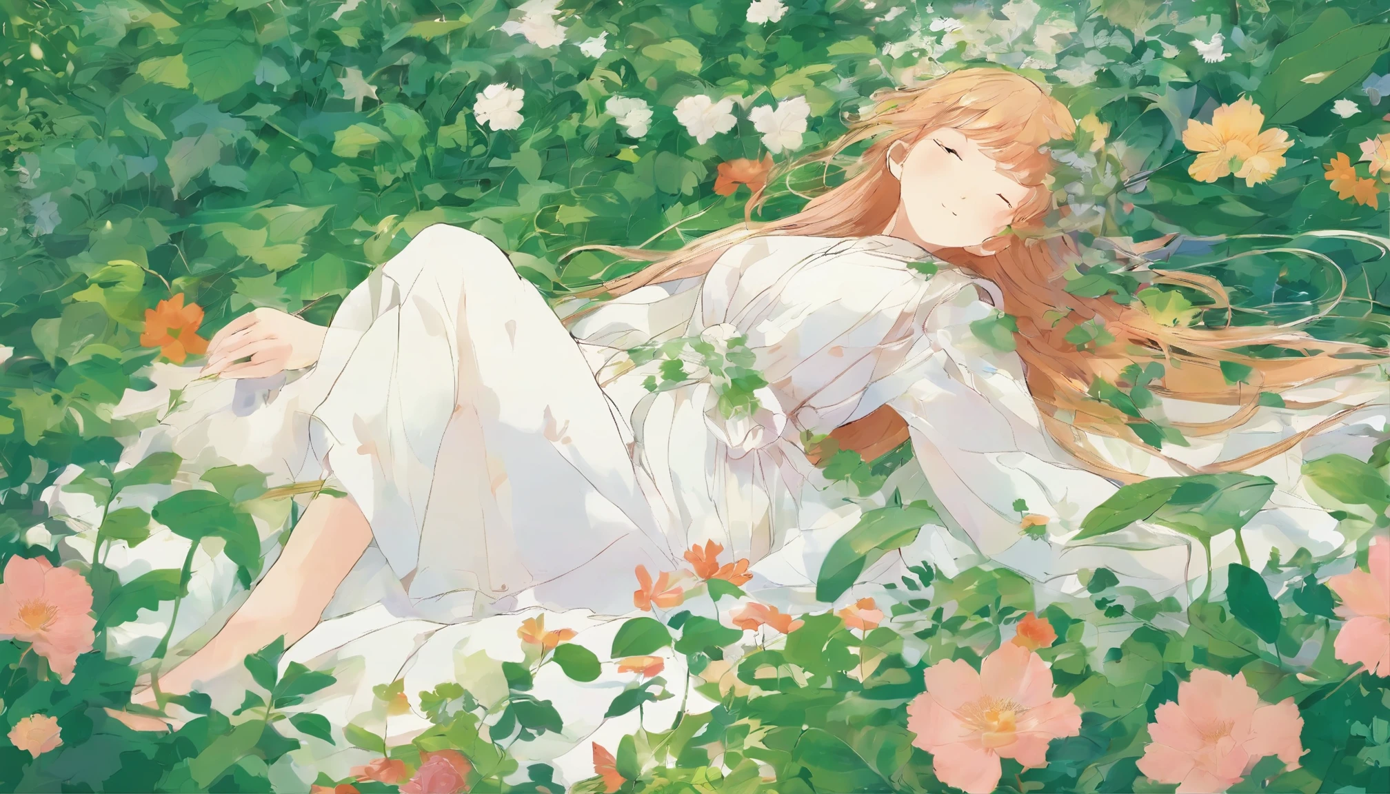 Girl sleeping in a field of green plants and flowers (masterpiece、highest quality)、Looking at the sky、white long hair、warm lighting、dress、blurred foreground、
