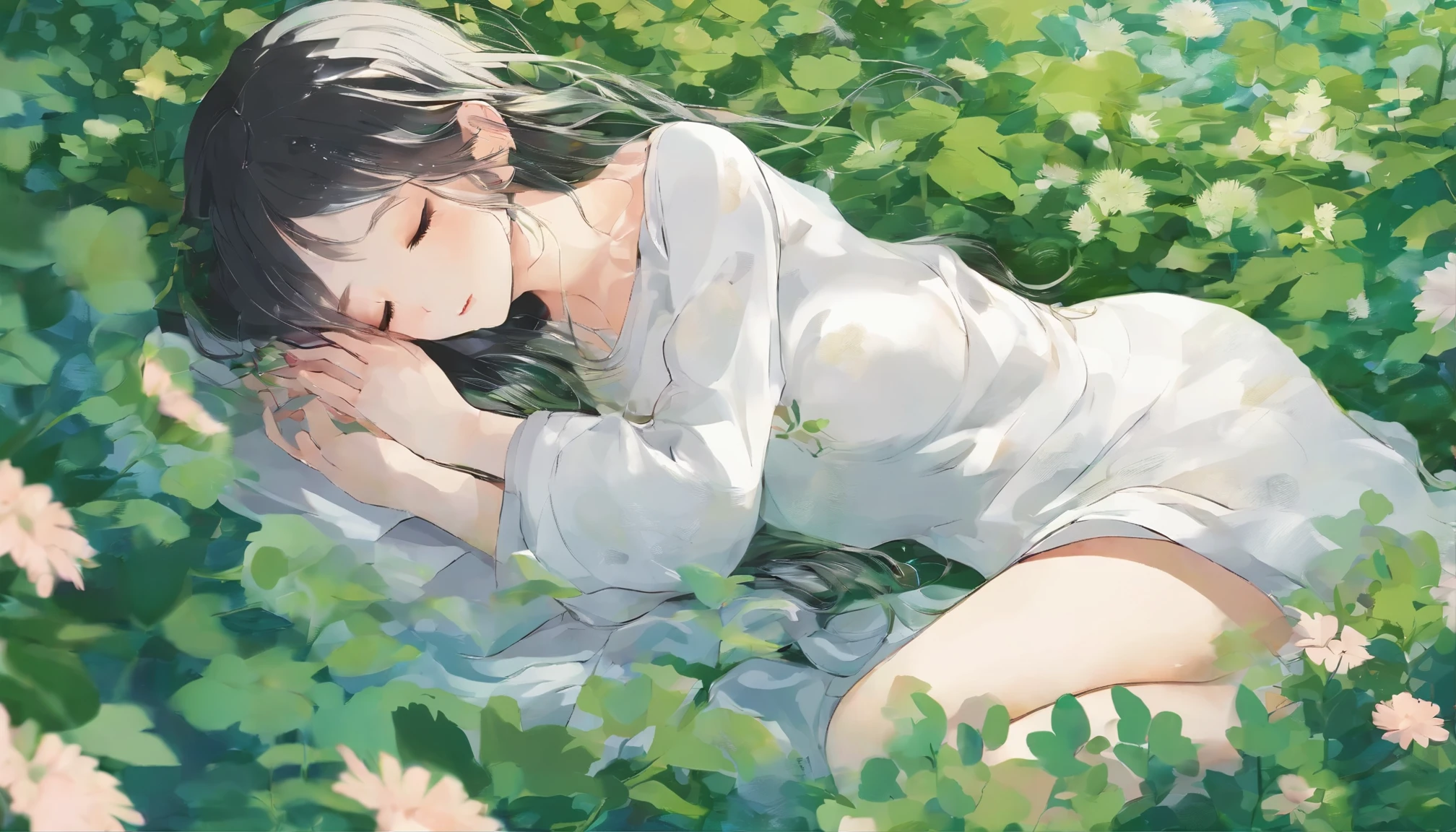 Girl sleeping in a field of green plants and flowers (masterpiece、highest quality)、Looking at the sky、white long hair、warm lighting、dress、blurred foreground、