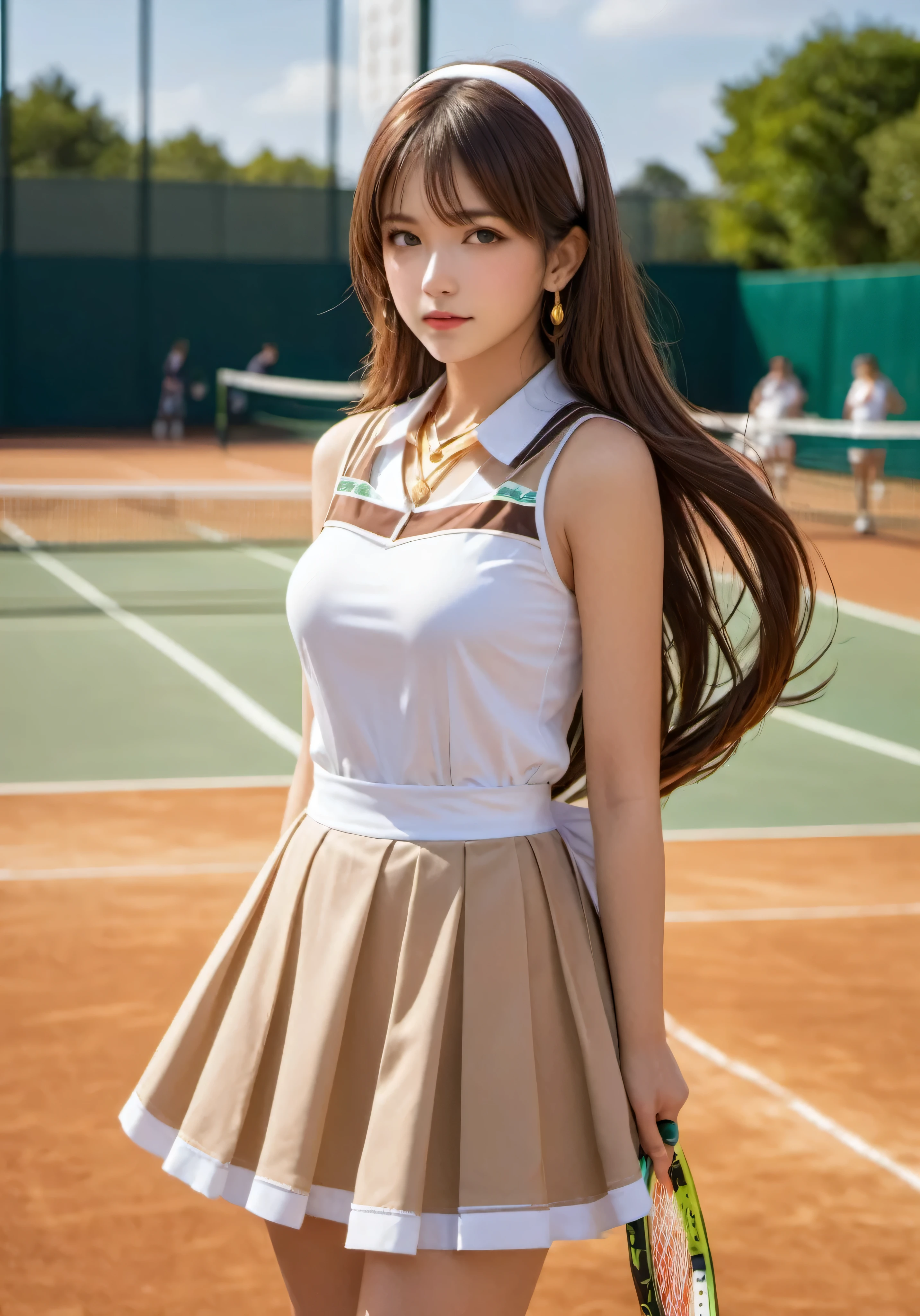 photograph, disorganized, High resolution, super detailed, maid girl,:d,((Hair with loose waves inside:1.2)),((gold necklace＿Large earrings:1.2)),((Super long brown hair:1.2))((Tennis costume (((tennis field))), outside:1.3)),