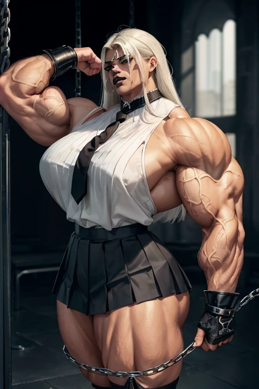 ((((Massive, tall, beautiful, buff, light brown skinned muscular with white hair, black lipstick, ginormous bulky muscles, wearing a black tied blouse with pleated skirt and tie)))), close view, (black lipstick), massive muscle, massive biceps, hyper muscle shoulders, (ginormous muscle arms), hyper muscle triceps, (long hair), blue eyes, choker, (chain belt), black boots, uniform, (chained gauntlets), (fingerless gloves), (standing in a dark school), sensual glare, night, hyper vascular arm, hyper muscles arms, hyper muscle legs, (ginormous arms).