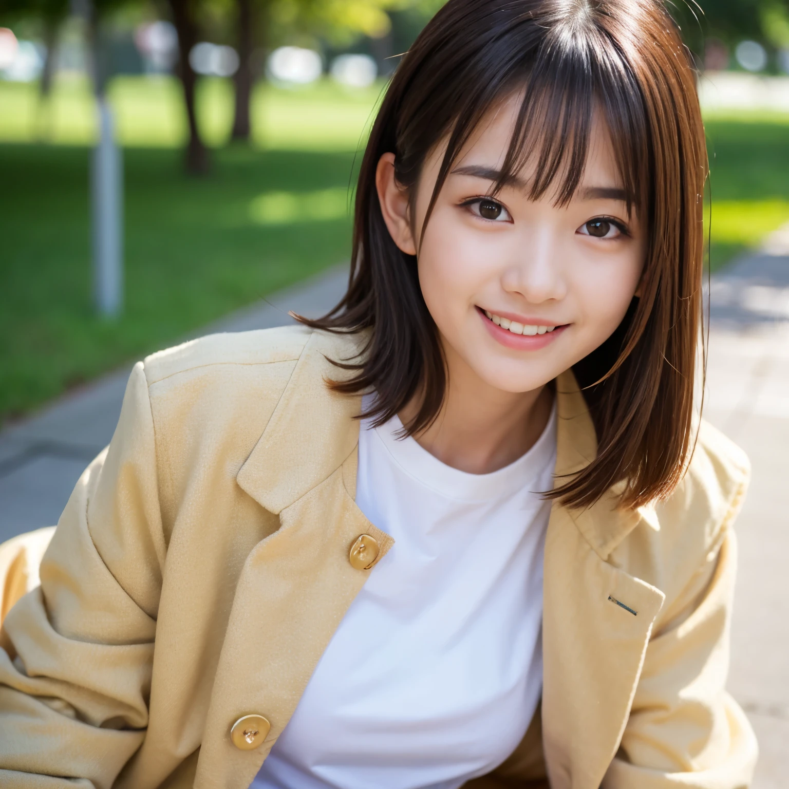 Best-quality, Masterpiece, Ultra-High-Resolution, (Photorealistic:1.4), Raw-Photo, 1girl, the most famous Japanese idol, (wearing beige jacket over white T-shirt with cute-patterned and beige slacks, white sneakers), standing at Japanese college, extremely cute face, extremely cute big-eyes, extremely cute hairstyle, extremely beautiful skins, looking at viewer, innocent-smile