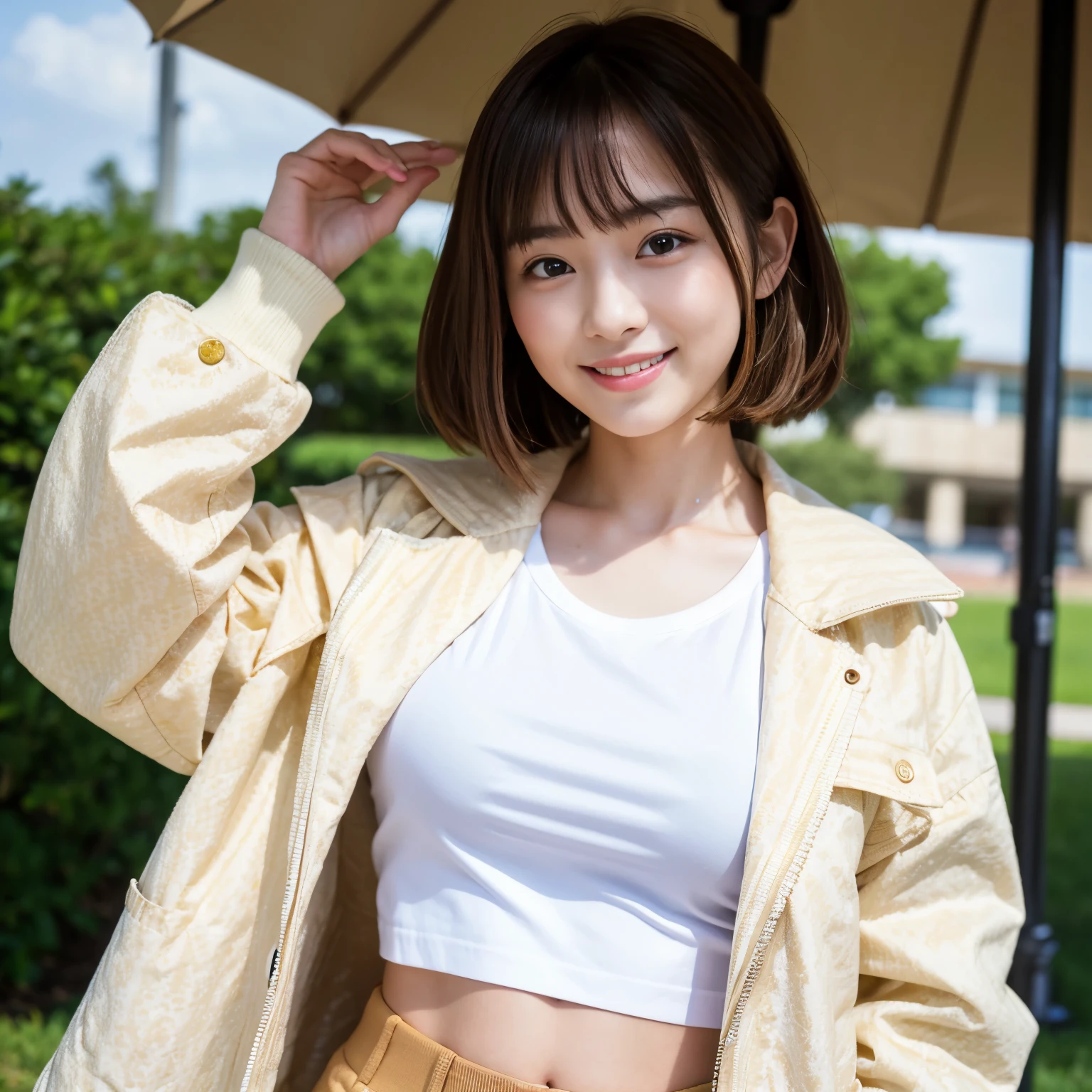 Best-quality, Masterpiece, Ultra-High-Resolution, (Photorealistic:1.4), Raw-Photo, 1girl, the most famous Japanese idol, (wearing beige jacket over white T-shirt with cute-patterned and beige slacks, white sneakers), standing at Japanese college, extremely cute face, extremely cute big-eyes, extremely cute hairstyle, extremely beautiful skins, looking at viewer, innocent-smile