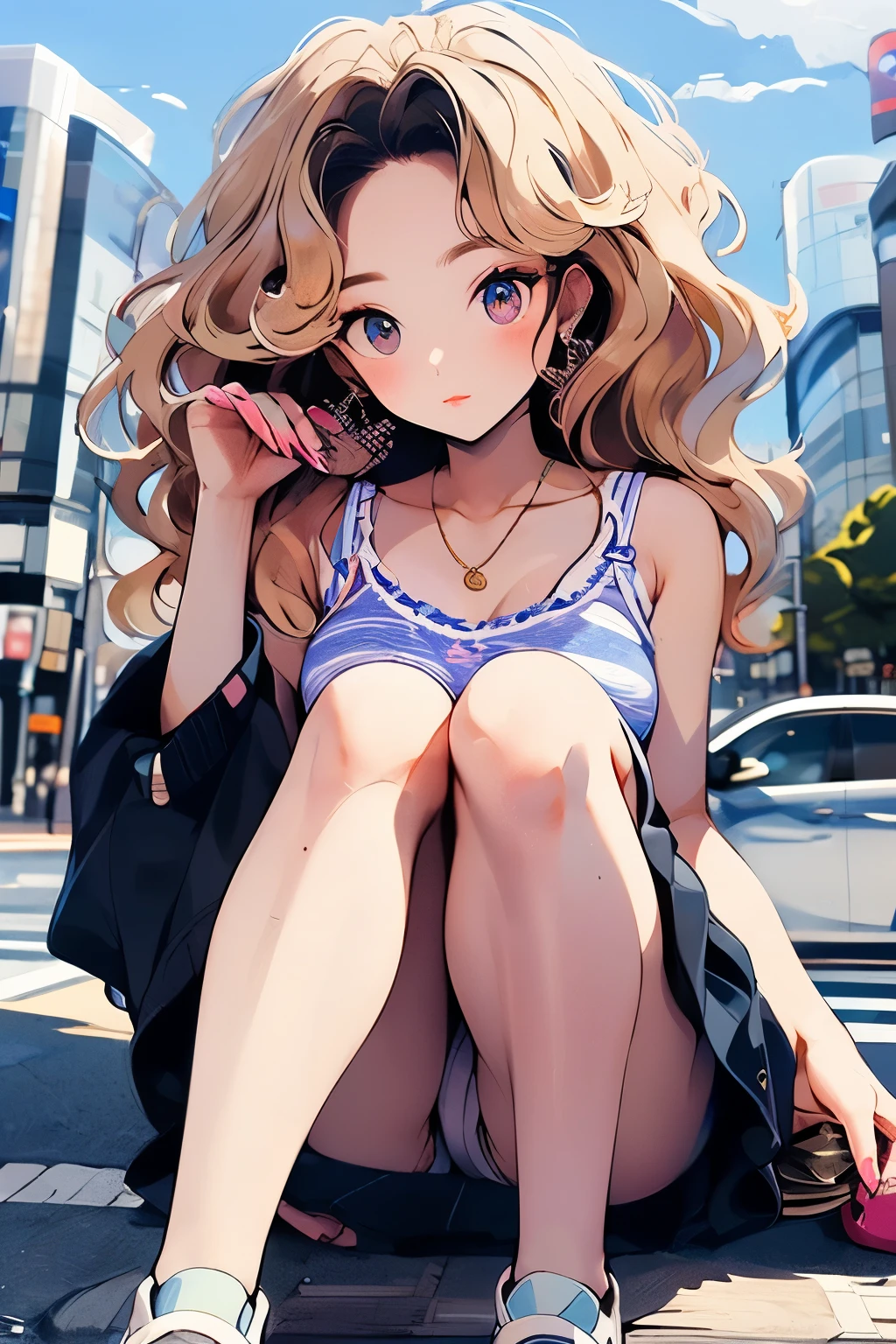 Seen from the front, Shibuya-style gal sitting on the roadside, camisole, mini pleated skirt, bent knees, open thighs, short blonde curly hair, from below, panties, cleavage, Shibuya fashion, masterpiece, underwear