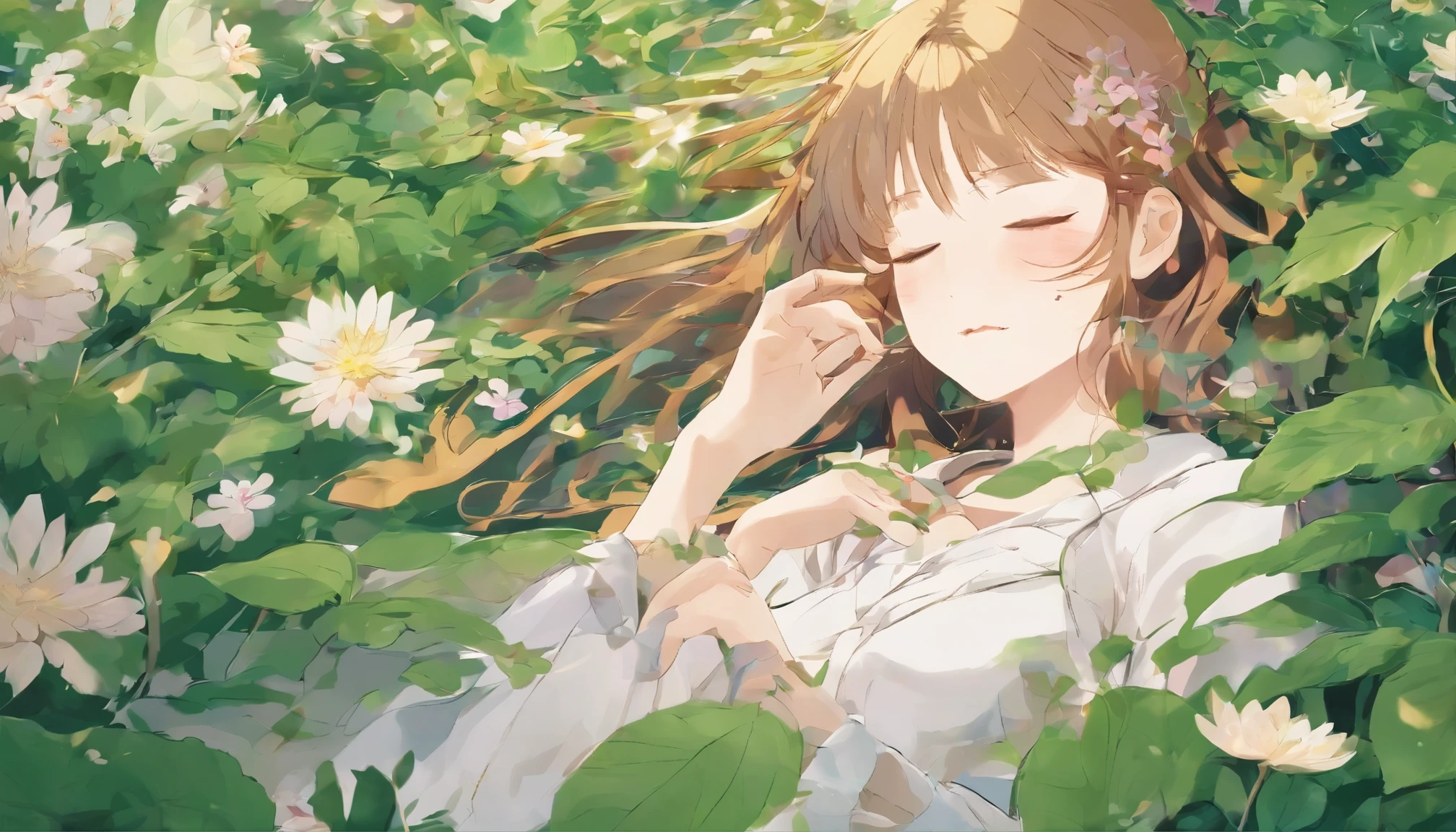 Girl sleeping in a field of green plants and flowers (masterpiece、highest quality)、Eyes closed、Beige long hair、warm lighting、dress、blurred foreground、