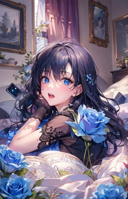 ((highest quality)), ((masterpiece)), (get used to it), perfect face , beautiful girl , beautiful long black hair , beautiful blue eyes , In underwear ,  Blue roses scattered , lie on the bed ,