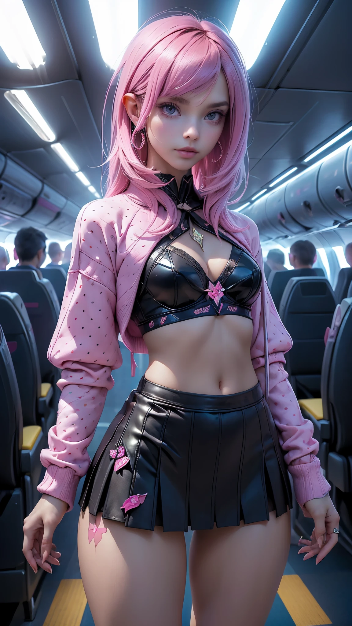 (Mejor calidad, high resolution, Ultra sharp), (beautiful magical girl:1.2).CHARLES G. de pie, vista de cuerpo completo, piernas largas. Unique style, de pie, cuello largo, cabeza grande, cabello exagerado, esponjoso hair, Small pieces, exaggerated expression, surrealista, Duck egg pink sweater with small polka dots., Detalles, cabello de caballo pink, esponjoso, medias, fondo magico, estilo dibujado a mano,pencil drawing,hermoso, fluid lines, clean and sharp contours, Clean composition, peinado zentangle, Arte deco, zentangle, crujido 3d, cinematographic,,( ciberpunk 2.1), (background inside a plane:1.4), (airplane seats in the aisle :1.4), (dedos detailed:1.4), (mostrando bragas minifalda :1.4), (minifalda colegiala blue :1.4), (tiene mini top color pink), (dedos detailed:1.4), (perfect anatomy), (realista v2.1), (estilo encaje pink lingerie :1.4), (colores brillantes)