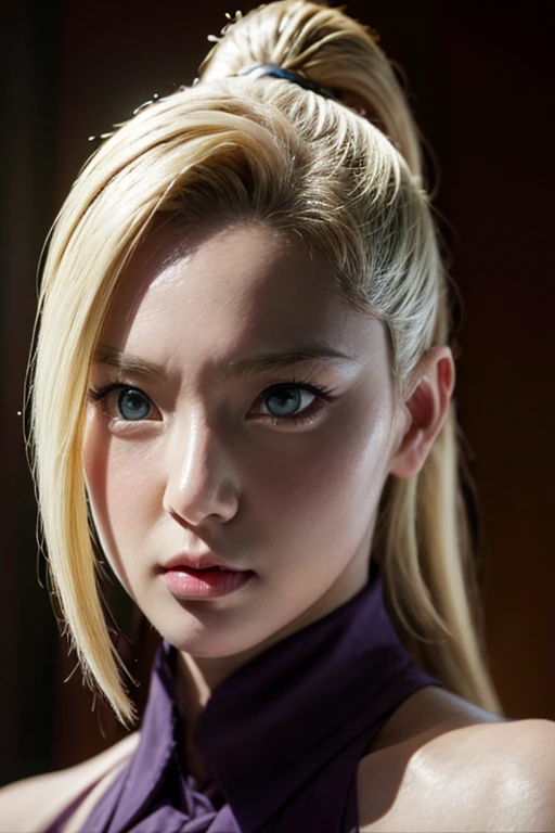 Real life adaption of this character,Asian beauty , realistic same hair, realistic outfit, realistic light, realistic shadow, hyper realistic, realism, realistic background,(photorealistic:1.2). Ino / Ino Yamanaka (Ino Yamanaka) / [Boruto: Naruto Next Generation, 1girl, blonde hair, hair ornament, bare shoulders, closed mouth, green eyes, ponytail, hairclip, hair over one eye, full body, best quality ,ultra Higd ,detail realistic ,sceneHDR pro