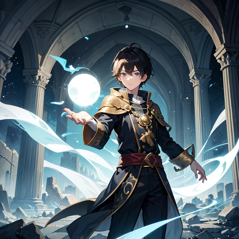 Young sorcerer with ball of light in hand floating and shining,  in the ruins