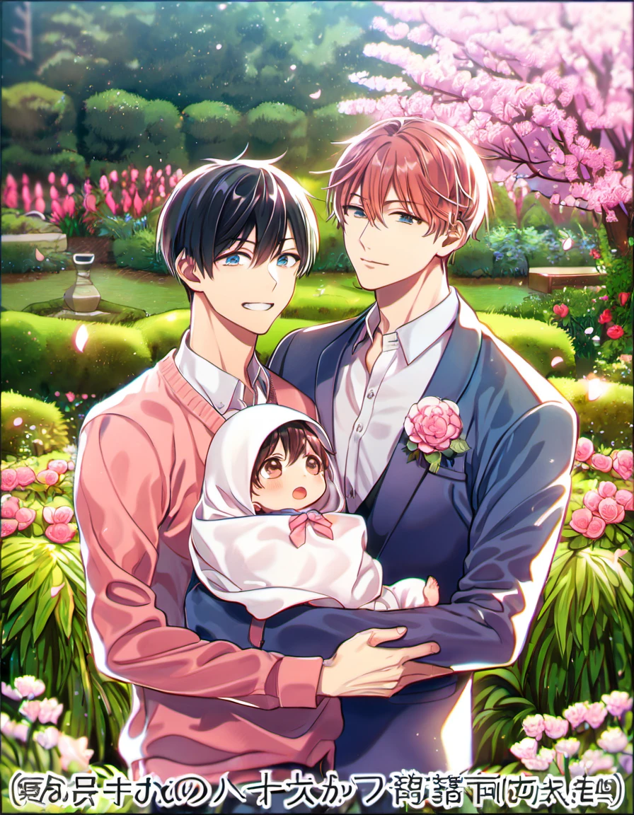 absurdres, highres, ultra detailed, HDR, masterpiece, Uenoyama Ritsuka, black hair, expressive blue eyes, Given, Sato Mafuyu, pink-brown hair, expressive brown eyes, 2men together, holding a baby, gay couple, handsome, garden, pink petals, pink flowers, pink butterflies