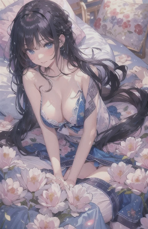 ((highest quality)), ((masterpiece)), (get used to it), perfect face , Adult beautiful girl , beautiful long black hair , beautiful blue eyes , In underwear ,  medium breasts , Blue roses scattered , lying in bed ,