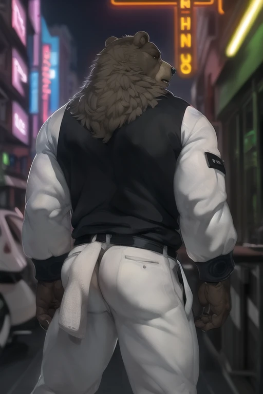 (by tojo the thief, by Darkgem, by Oouna, by honovy, By TheBigSlick, By phinnherz), bear, ursid, ben (zenless zone zero), explicit, anthro, male, solo, clothed, white jacket, topwear, bottomwear, streetwear, tokyo, street, neon lights, akihabara, chain, rear view, cum filled butt