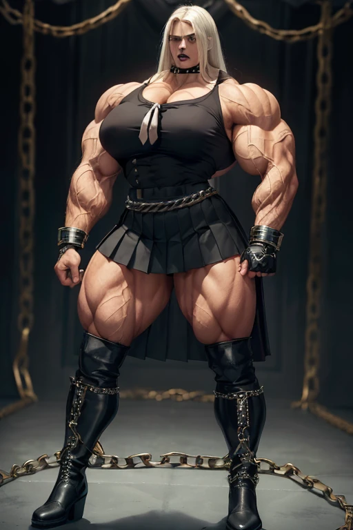 ((((Massive, tall, beautiful, buff, light brown skinned muscular with white hair, black lipstick, ginormous bulky muscles, wearing a black tied blouse with pleated skirt and tie)))), close view, (black lipstick), massive muscle, massive biceps, hyper muscle shoulders, (ginormous muscle arms), hyper muscle triceps, (long hair), blue eyes, choker, (chain belt), black boots,  uniform, (chained gauntlets), (fingerless gloves), (standing in a dark school), sensual glare, night, hyper vascular arm, hyper muscles arms, hyper muscle legs, (ginormous arms).