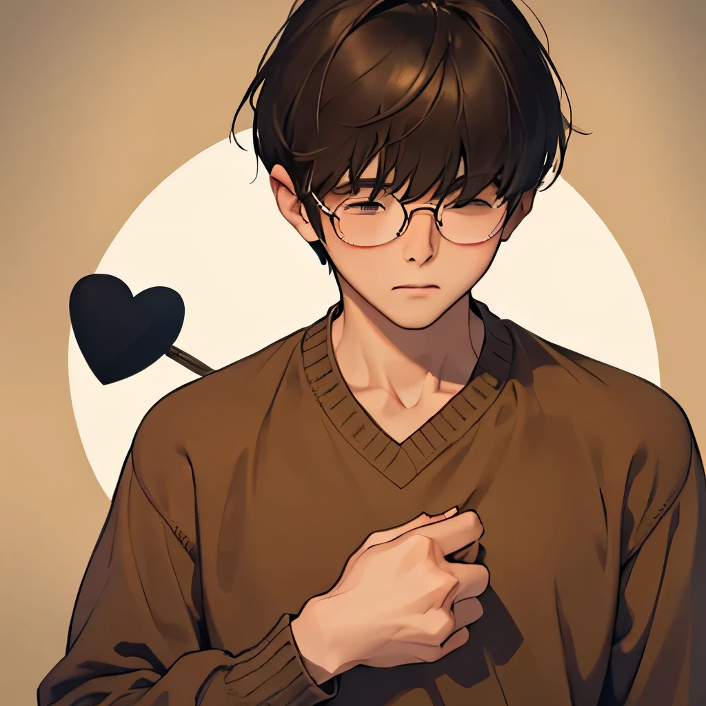 Shy male, slim, nerdy boy, shy, weakling, round glasses, embarrassed, brown hair, mysterious, sweater, hair over eyes, sweet, small eyes, Asian eyes