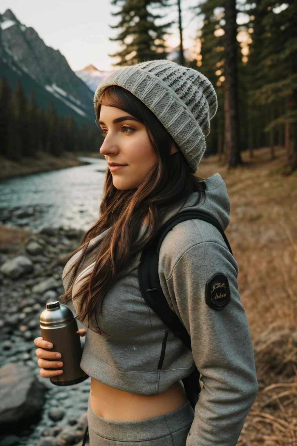1 woman((full body shot, happy)), masterpiece, best quality, ultra-detailed, solo, outdoors, (night), mountains, nature, (stars, moon) cheerful, happy, backpack, sleeping bag, camping stove, water bottle, large ass, wide hips, tight black yoga pants, mountain boots, gloves, large breasts, huge tits visible through sweater, hat, flashlight, forest, rocks, river, wood, smoke, shadows, contrast, clear sky, analog style (look at viewer:1.2) (skin texture) (film grain:1.3), (warm hue, warm tone)