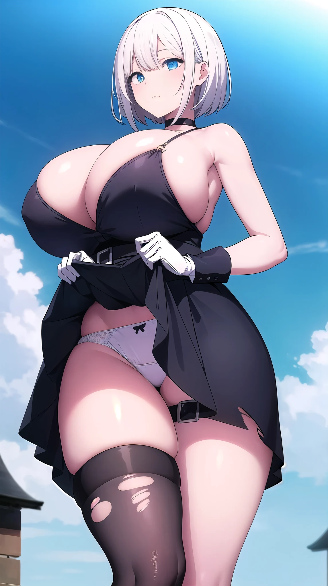 ((((Masterpiece)))), beautiful details, perfect focus, smooth 8K wallpaper, 4320p, high resolution, exquisite texture in every detail, perfect eyes very high detailed, perfect pupils, sclera_eyes_detail, eyes:1.2, human anatomy correct, pastel, hyper_detailed:1.5, (masterpiece), (picture-perfect:1.4), poto, 4k, UHD, high_resolution, very_high_resolution, ((1girl sucubus)), (18 years old), solo, short_hair, heterochromia eyes, red_blue eyes, breasts, skirt, gloves, dress, bare shoulders, ((((gigantic_breasts)))), outdoors, white hair, choker, black gloves, belt, black skirt, clothes lift, black dress, thigh strap, translucent white bra, translucent white panties, tight black thigh high stockings, torn torn clothes, skirt lift, lifted by self, black belt, ((from_below))
