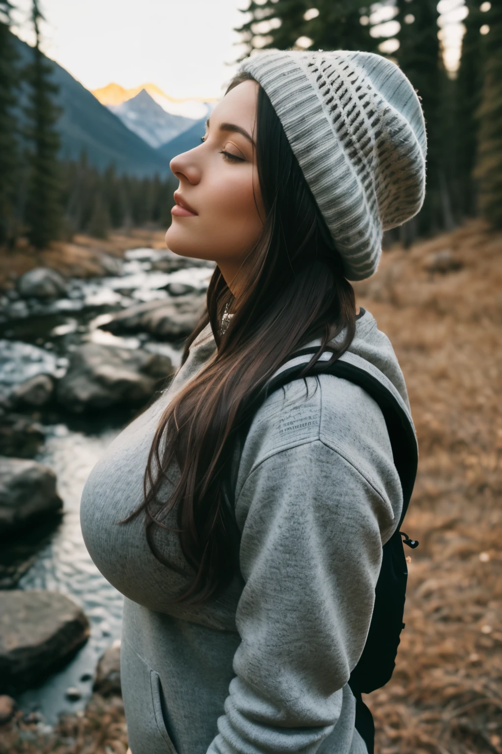 1 woman((full body shot, happy)), masterpiece, best quality, ultra-detailed, solo, outdoors, (night), mountains, nature, (stars, moon) cheerful, happy, backpack, sleeping bag, camping stove, water bottle, large ass, wide hips, tight black yoga pants, mountain boots, gloves, large breasts, huge tits visible through sweater, hat, flashlight, forest, rocks, river, wood, smoke, shadows, contrast, clear sky, analog style (look at viewer:1.2) (skin texture) (film grain:1.3), (warm hue, warm tone)