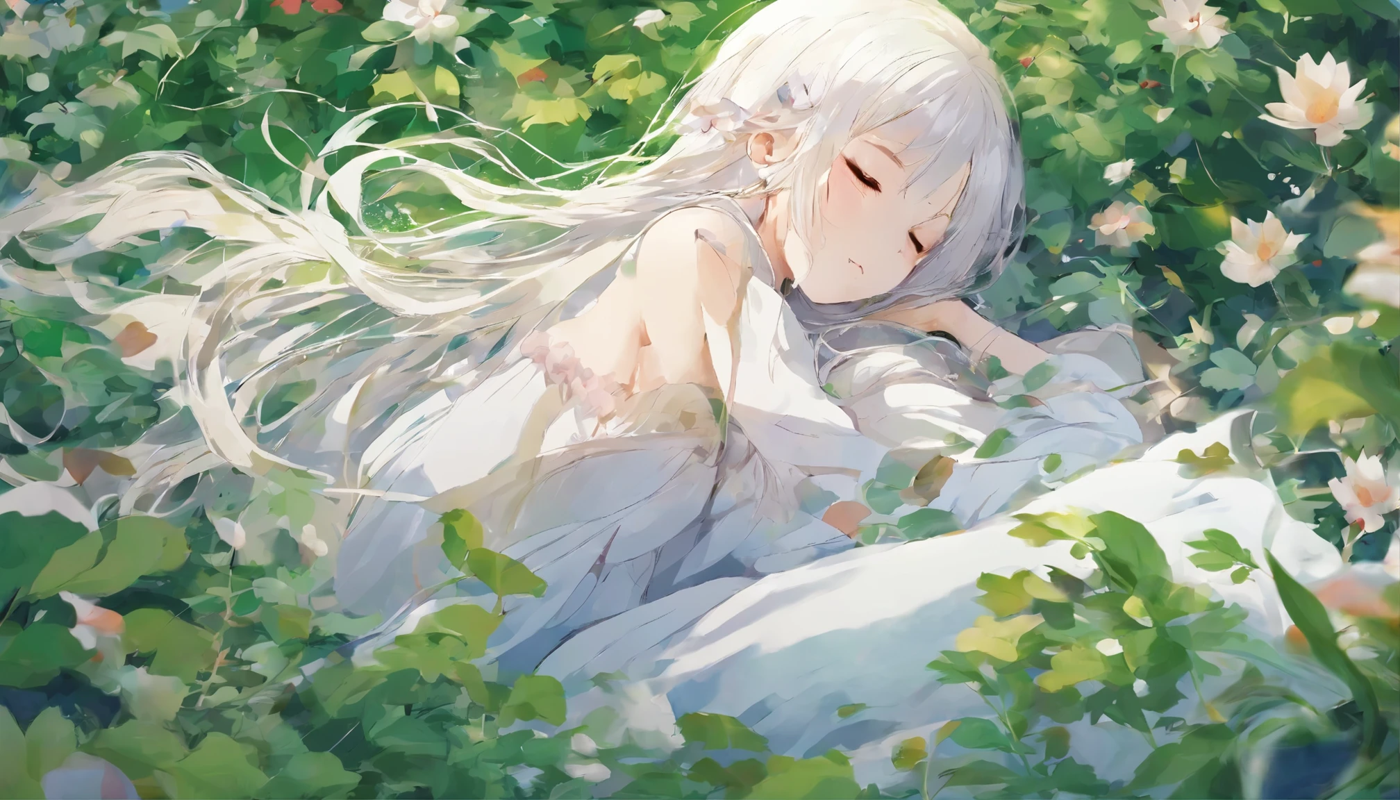 Girl sleeping in a field of green plants and flowers (masterpiece、highest quality)、Eyes closed、long white hair、warm lighting、dress、blurred foreground、