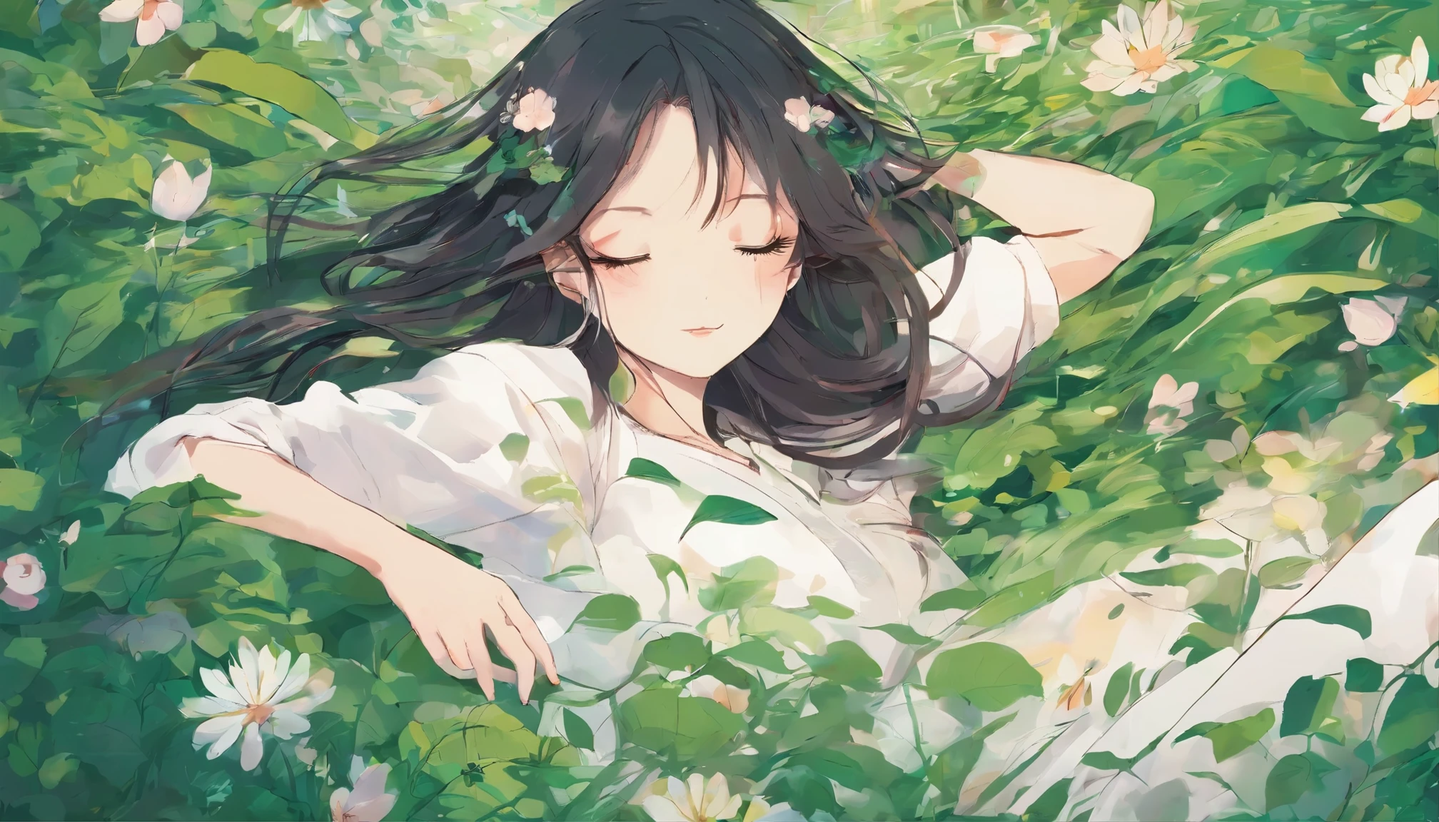 Girl sleeping in a field of green plants and flowers (masterpiece、highest quality)、Eyes closed、long hair、warm lighting、dress、blurred foreground、