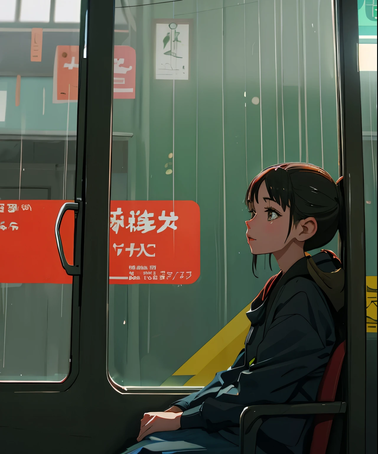 chica sentada en el autobus, audifonos en las orejas, viendo la lluvia por la ventana, paisaje hermoso de lluvia, estilo lofi