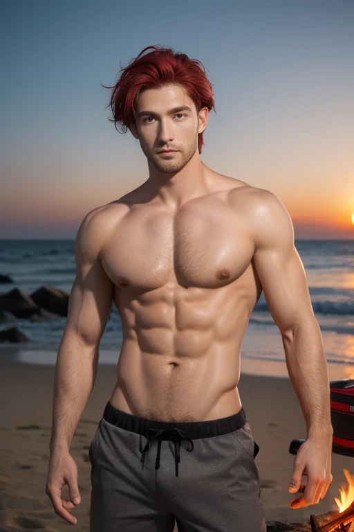 masterpiece, best quality, 1 man, red hair, red eyes, forked hair, short hair, long bangs, handsome, handsome, masculine, gentle, tall, quiet, abs. Upper body bare skin. Sunset beach. Bonfire. Camp. Survival. Shorts. Camping rice. Camping. Bonfire. Campfire. Grill the fish on the bonfire. Japanese. Wearing a white underwear thongs super bulge.