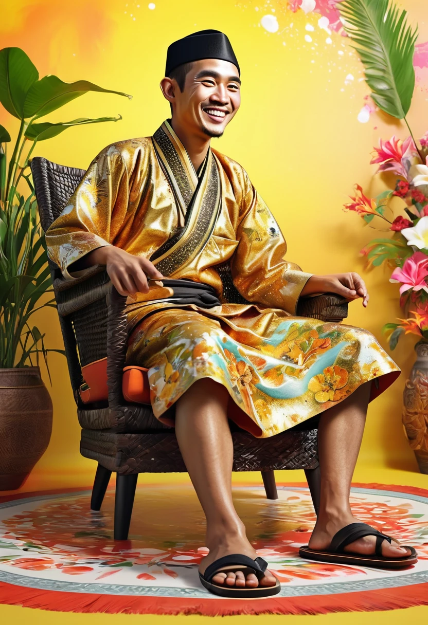 3D caricature illustration, hyper-realistic, real shot, a Sundanese man in traditional Indonesian javanese clothing wearing wooden sandals, sitting on a lounge chair, smiling. Vintage circle background with bright color oil paint spills and splashes (splash effect) plus artistic floral ornament. In front of the subject there is a Facebook social media logo with the name 'PRASART' (well spelled) (4D) shiny gold color (light effect). Very detail. UHD. Front look.
