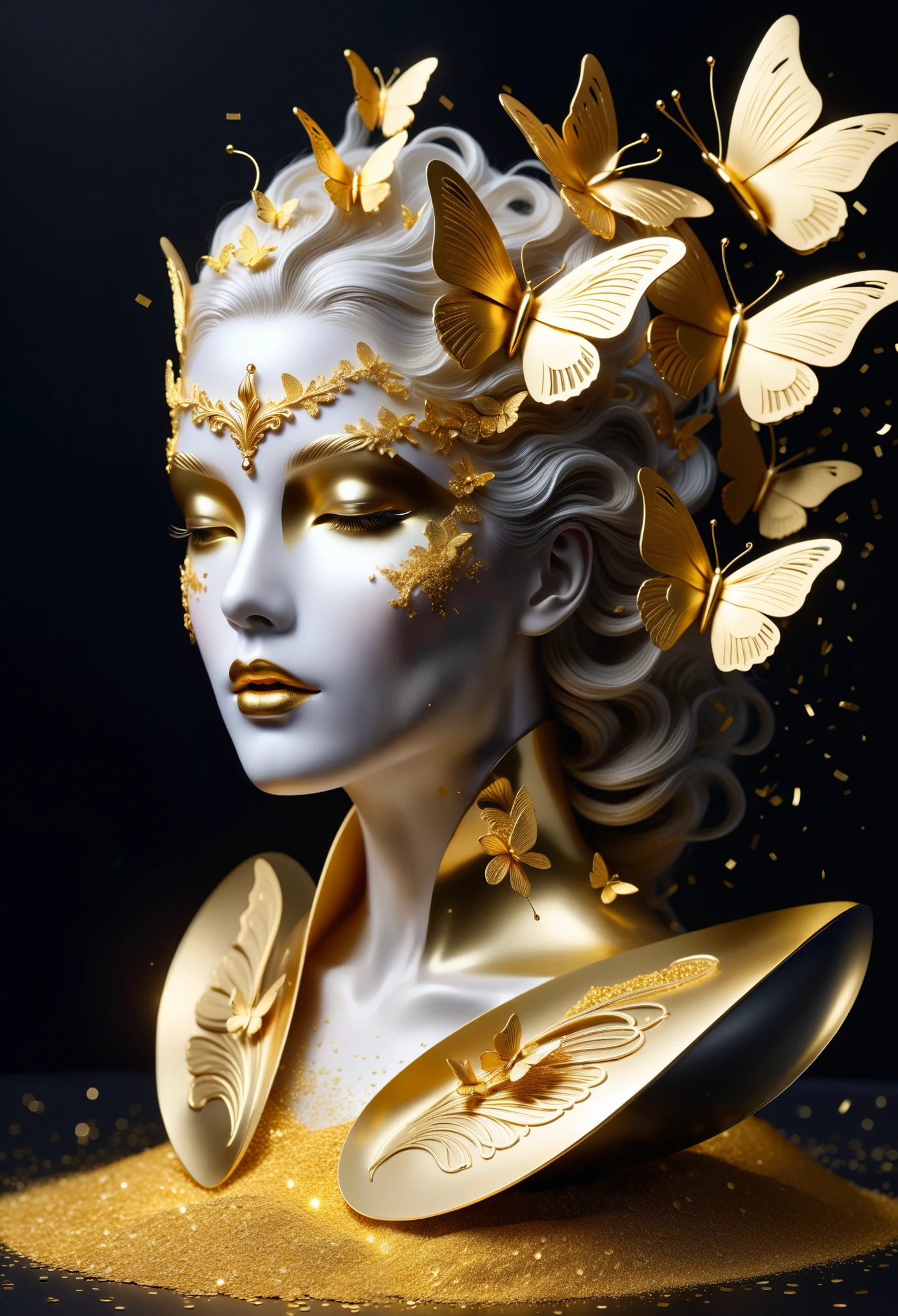 gold leaf art：1.5.Made of platinum，Golden mask，statue，golden tattoo，Flowing golden sands，Still Life Table Setting，dark background，Woman portrait sculpture，look up，Golden butterfly on cheek，Hollow butterfly wings，Gold Crumbs，Gold particles，modern style, High resolution, artwork，Advanced complex technology，(((Gold confetti falling in the air，Gold foil confetti：1.5)))
