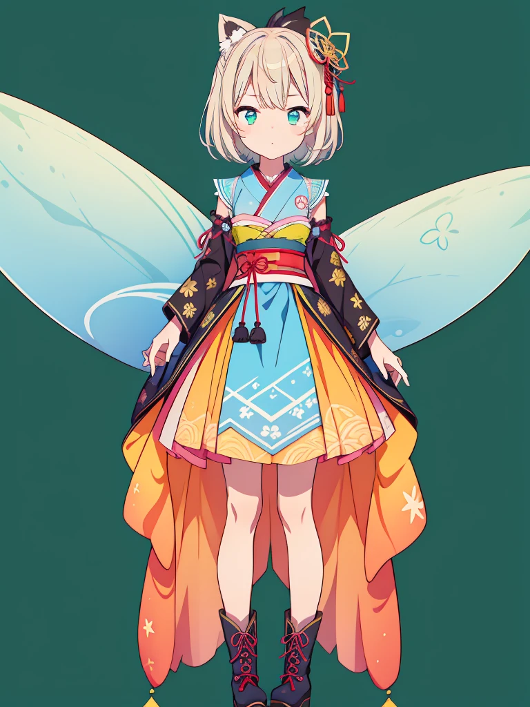 1girl、vtuber-fullbody、Star Fairy、masterpiece、official art、Super detailed、super beautiful、かわいいStar Fairy、white straight short hair、Milky Way、universe、star charm、Star、、Knee-high boots、Japanese pattern dress、浴衣をリメイクした黒と紺色のuniverseを思わせるOiranフリルドレス、Oiran、simple background、green background、no body,