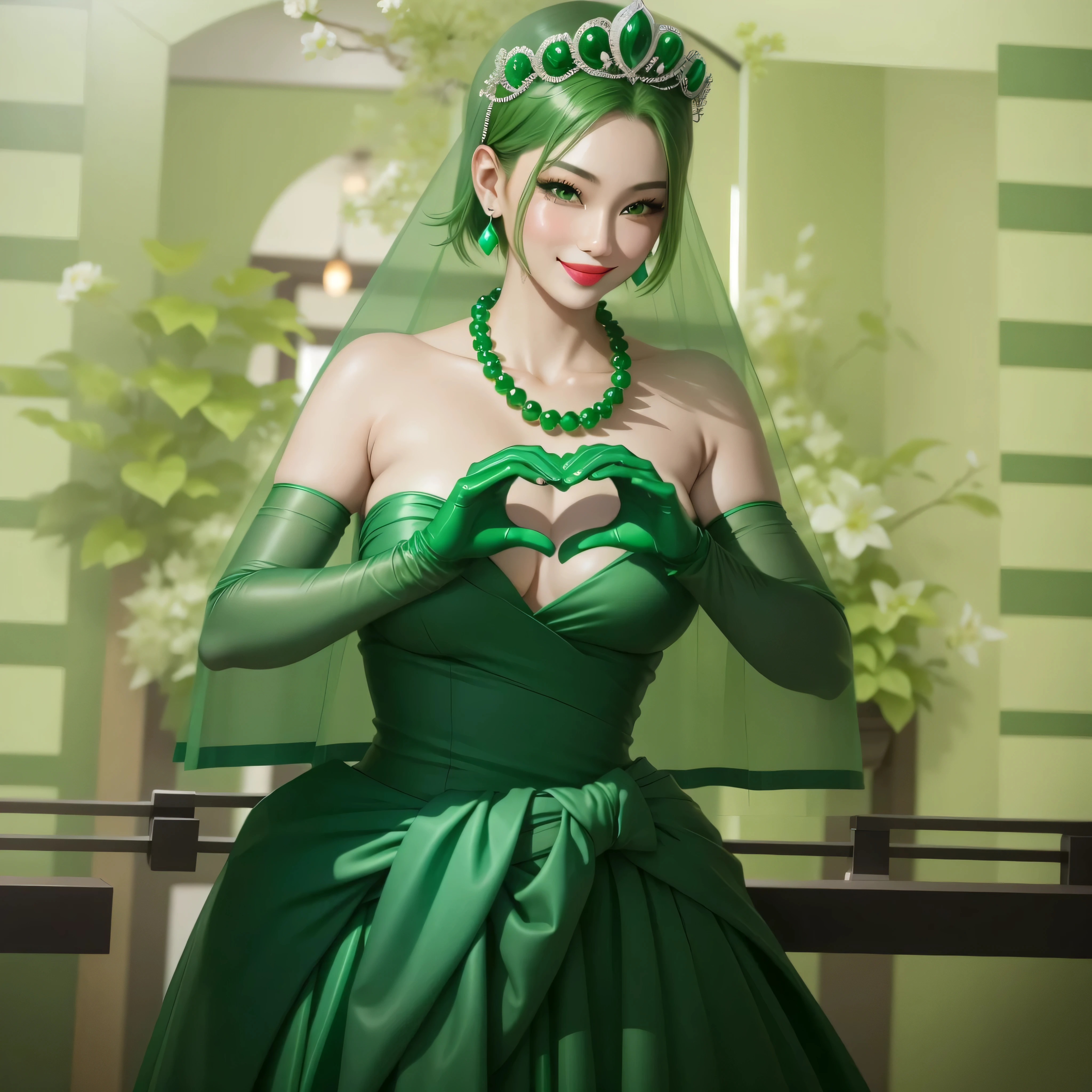 Emerald Tiara, green pearl necklace, boyish very short green hair, Green Lips, Smiling Japanese woman, very short hair, Beautiful woman with big breasts, green eyes, Green satin long gloves, green eyes, emerald earrings, green veil, Heart with both hands, green hair, beautiful japanese woman, Heart shaped hands:1.3, green lip gloss