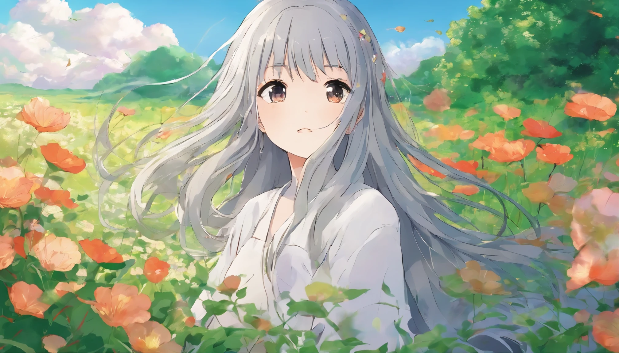 A girl with long gray hair sitting in a field of green plants and flowers (masterpiece、highest quality)、Eyes closed、Gazing at the sky。profile、warm lighting、dress、blurred foreground、