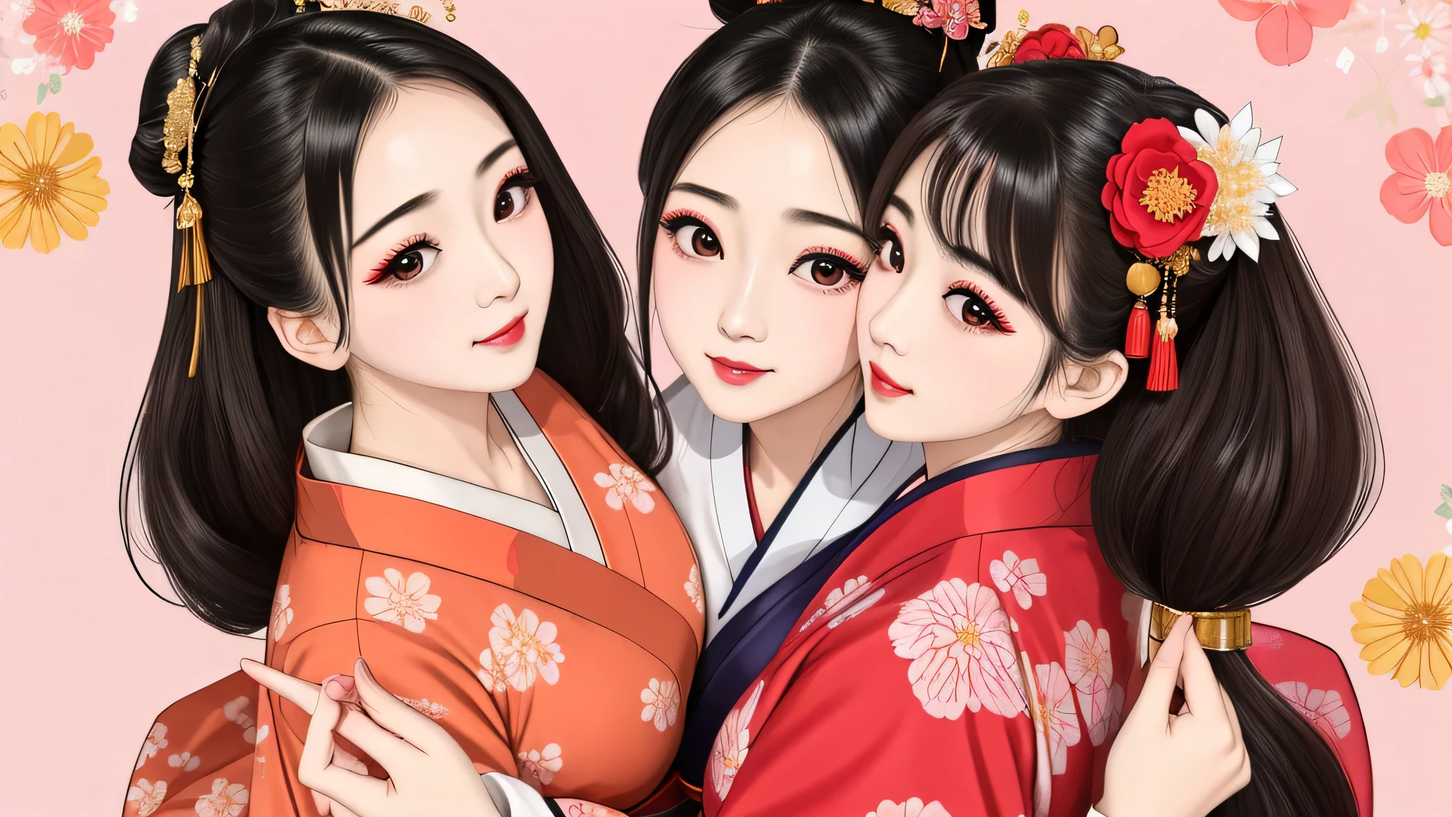 Each has a different expression２People and sisters、(２ girls）、｟Dancing traditional performing arts gracefully)、((big breasts、small face、not exposed))、highest quality、masterpiece、（black hair、Bun Hair）、brown eyes、｟wide angle、Angle from above, from the waist up、Pause on the magazine cover、Each person has a different perspective when looking into the distance｠、(８K high quality、masterpiece、High resolution、Realistic and beautiful light and shadow、(highest quality)、(high resolution)、(very delicate and beautiful)、(beautiful 8k face)、(Close your eyes while smiling、Beautiful eyes)、(Transparent skin)、(soft hair)、(８head and body)、(Japanese-style yukata kimono with red, pink, and orange floral patterns on a white background, mixed with gold powder、wearing a yukata２Japanese beautiful girl)、((tanabata decoration background))、((small face))、(arms up)、thin and small nose、（red lipstick）、（make cheeks red）、（Glossy skin）、((Ink painting style))、extremely thin eyebrows、Overall super high quality、（She wears maiko-style makeup）、Whitening、long and beautiful eyelashes、Glossy skin、（red cheeks）,straight nose、masterpiece、highest quality、whole body、 eyebrows visible through hair、Bun Hair、grin、gal、Kogal、Viewer&#39;s perspective、Plaid、Fashionable、woman、fine、Pause、
Waiting to start 
