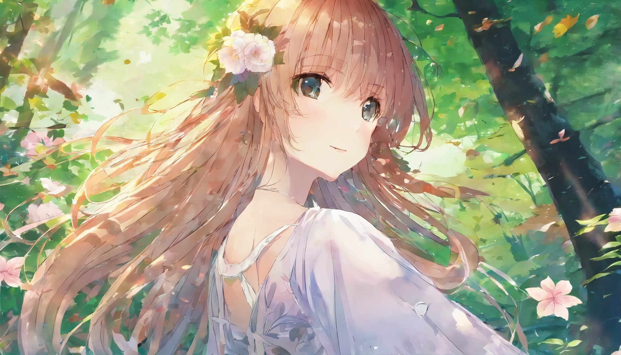 masterpiece、high quality、High resolution、One girl、Close ~ eyes、long hair、flowing hair、sleep、forest、leaf、Grass、flower、Light、dress、Low - Angle