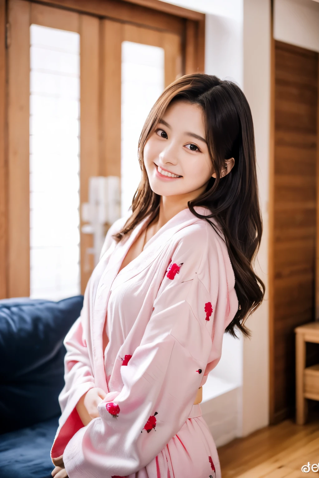 A 20-year-old woman with the cute face of an idol who looks 15 years old.。Gentle and cute。Please smile kindly。She is wearing black underwear and a bathrobe. Bust is larger She's in the living room Raw photo real genuine real life No copyright notice
