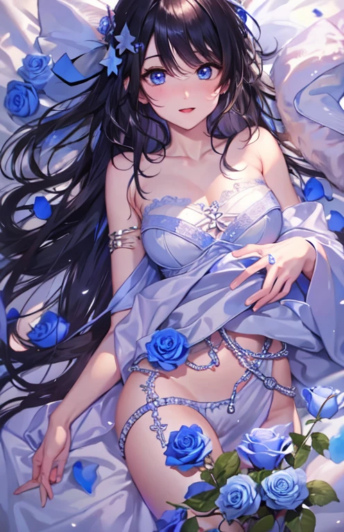 korean girl, long straight black hair, blue eyes, flat chest, slim thighs, thigh highs, cleavage, nipples, topless, blue panties, ((monochromatic color palette)), ((dark blue background)), (((watercolor))), ((((large blue roses)))), elegant, chic, fashionable, ulzzang, ((realistic)), ((cute overload)), ((arms behind back)), (((thin))), (shiny skin), ((adorable)), (playful), ((looking at viewer)), ((arms behind back)), (best quality,4k,8k,highres,masterpiece:1.2),ultra-detailed,(realistic,photorealistic,photo-realistic:1.37),detailed portrait of a korean girl with ulzzang features,perfect detailed facial features,beautiful eyes,nose,and lips,long eyelashes,