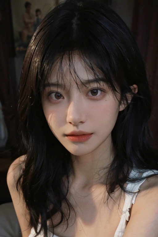 8K,best quality,masterpiece,ultra high resolution,(Realism:1.4),RAW photos,(Realistic skin texture:1.3),(film grain:1.3),1个Giant Breast Girl,Beautiful eyes and facial details,masterpiece,No obstruction on the face,best quality,closeup faces,upper part of body,background with,bedroom,Warm yellow light,